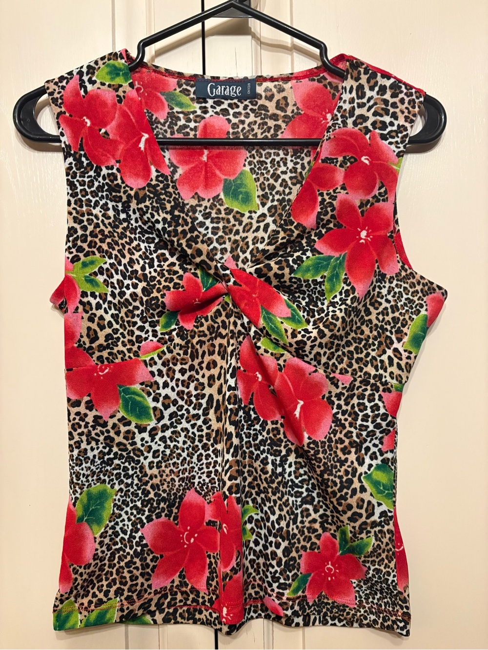 Vintage~ Y2K Garage Red Floral Twist-Front Leopard Print Tank